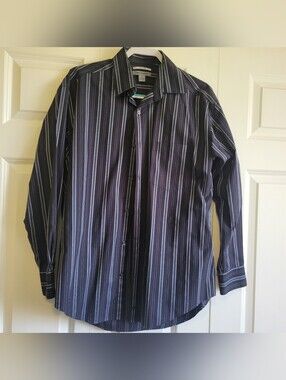 Johnston & Murphy Mens Size Medium Black Striped Button Up 100% Cotton